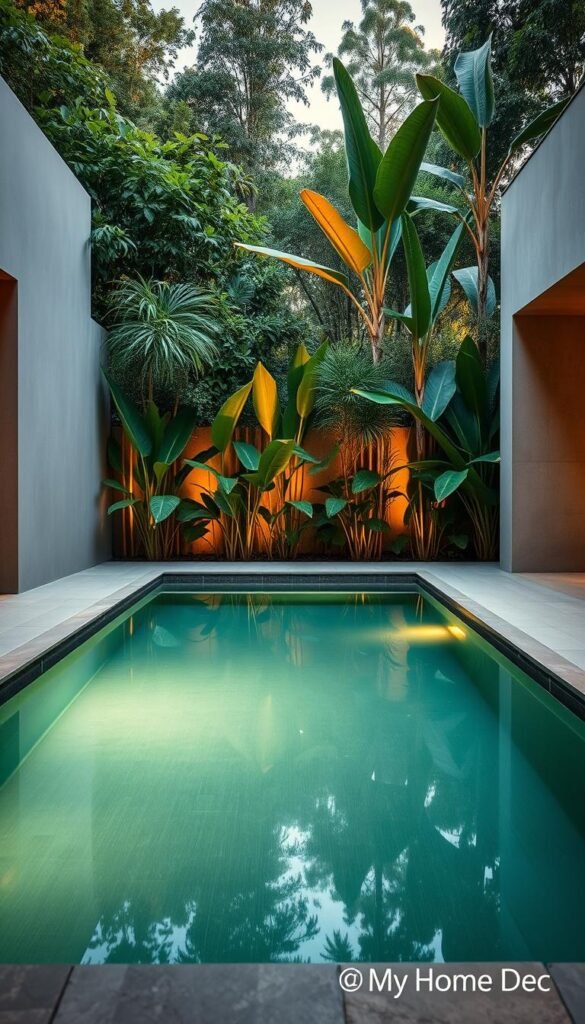 a tranquil mid-century modern plunge pool with sleek, geometric shapes and clean lines, surrounded by lush, verdant foliage and warm, soft lighting, highlighting the natural beauty of the water's surface and the smooth, tiled edges, creating a harmonious and serene atmosphere, captured with a wide-angle lens and a low perspective to emphasize the depth and dimensions of the pool, bearing the "My Home Dec" brand. a tranquil mid-century modern plunge pool with sleek, geometric shapes and clean lines, surrounded by lush, verdant foliage and warm, soft lighting, highlighting the natural beauty of the water's surface and the smooth, tiled edges, creating a harmonious and serene atmosphere, captured with a wide-angle lens and a low perspective to emphasize the depth and dimensions of the pool, bearing the "My Home Dec" brand.