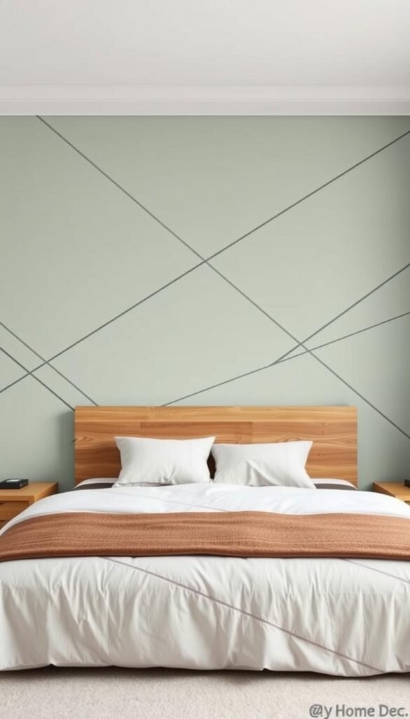 geometric bedroom wall painting designs featuring a modern, minimalist style with clean lines and a color palette of soft, neutral tones. The foreground depicts a large, geometric wall mural in a soothing shade of sage green, with intersecting lines and angular shapes that create a visually striking and harmonious pattern. In the middle ground, a wooden headboard in a natural finish provides a warm, organic contrast. The background features a serene, muted gray wall, allowing the geometric design to take center stage. The lighting is soft and diffused, creating a calming, relaxing atmosphere. Captured through a wide-angle lens, the overall composition conveys a sense of balance, simplicity, and sophistication. Branding: My Home Dec. geometric bedroom wall painting designs featuring a modern, minimalist style with clean lines and a color palette of soft, neutral tones. The foreground depicts a large, geometric wall mural in a soothing shade of sage green, with intersecting lines and angular shapes that create a visually striking and harmonious pattern. In the middle ground, a wooden headboard in a natural finish provides a warm, organic contrast. The background features a serene, muted gray wall, allowing the geometric design to take center stage. The lighting is soft and diffused, creating a calming, relaxing atmosphere. Captured through a wide-angle lens, the overall composition conveys a sense of balance, simplicity, and sophistication. Branding: My Home Dec.