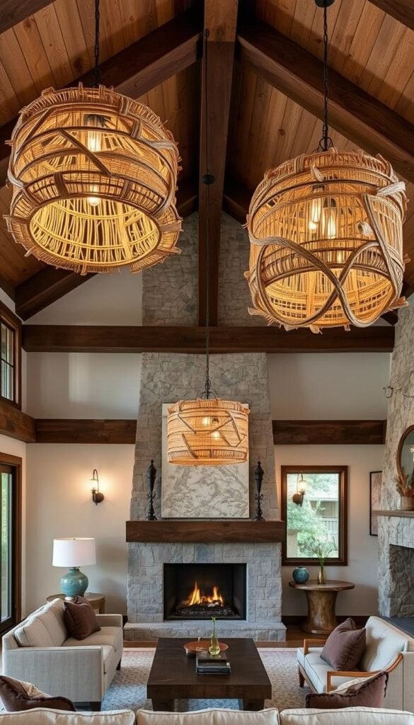 statement chandeliers in natural materials, made of wood, woven rattan, and river stones, suspended from exposed beams in a high-ceilinged mountain home living room, with soft ambient lighting casting a warm glow, designed by My Home Dec statement chandeliers in natural materials, made of wood, woven rattan, and river stones, suspended from exposed beams in a high-ceilinged mountain home living room, with soft ambient lighting casting a warm glow, designed by My Home Dec